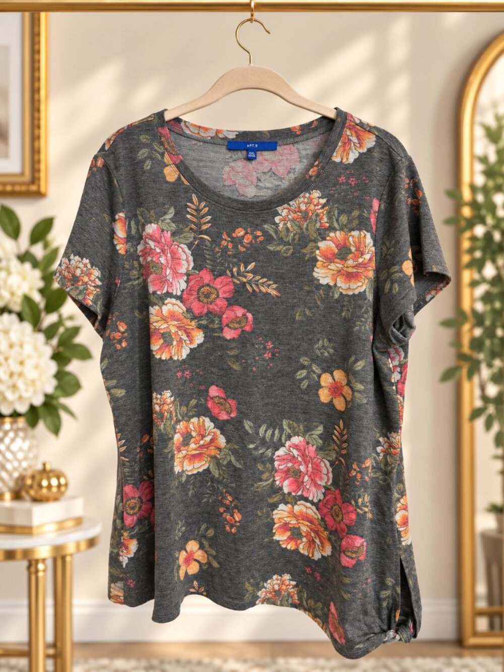 Apt. 9 Floral Short Sleeve Stretch Tee Gray Multicolor XXL